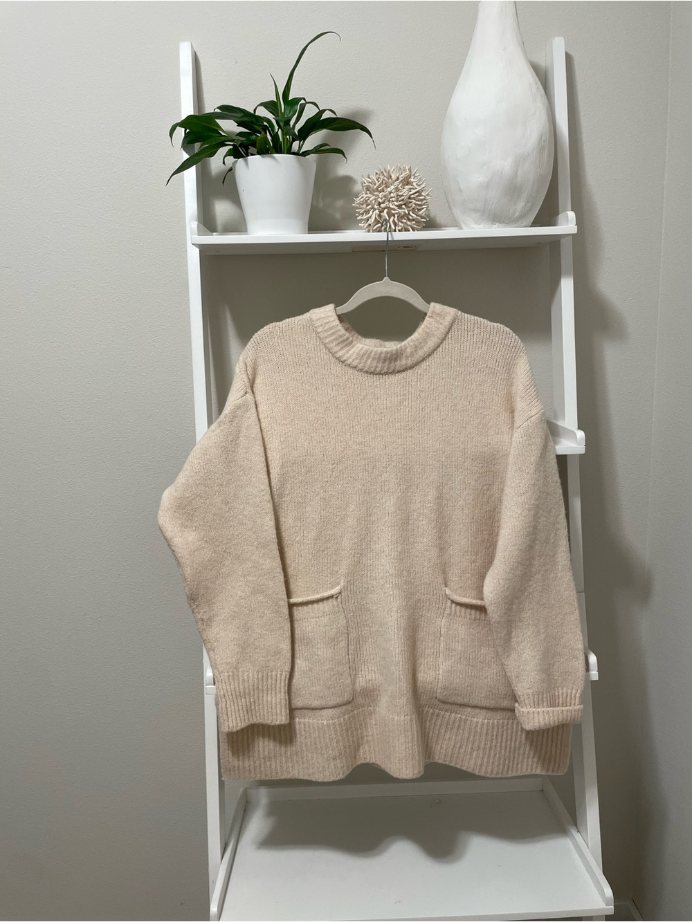 Elie Tahari Cream Crewneck Sweater with Front Pockets